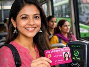 दिल्ली की महिला DTC बस में पिंक सहेली स्मार्ट कार्ड टैप करते हुए
