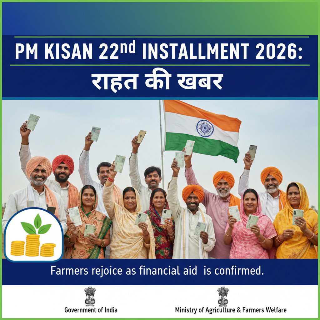 PM Kisan 22th Installment 2026 – ₹2000 की किस्त कब आएगी? PM Kisan 22वीं किस्त 2026 ₹2000 जारी अपडेट की जानकारी देता पोस्टर