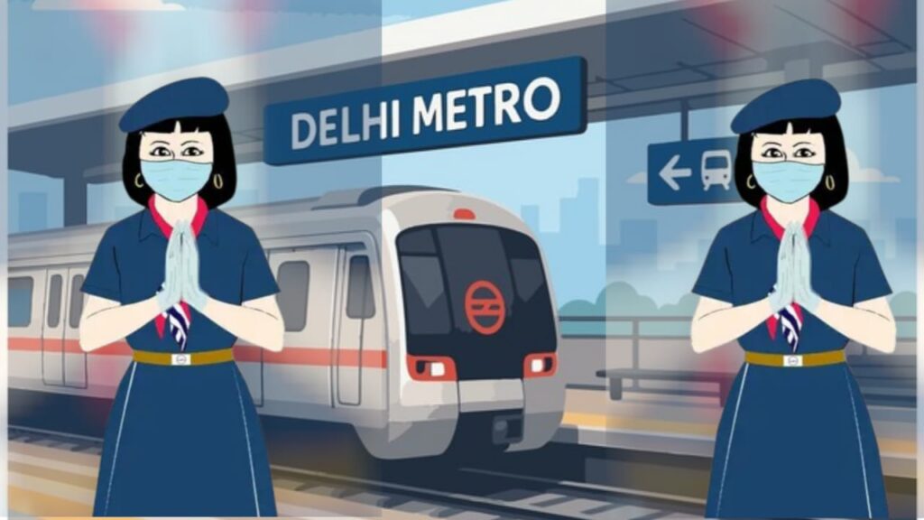 दिल्ली मेट्रो मैत्री स्टैचू हाथ जोड़कर स्वागत करती हुई