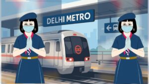 दिल्ली मेट्रो मैत्री स्टैचू हाथ जोड़कर स्वागत करती हुई