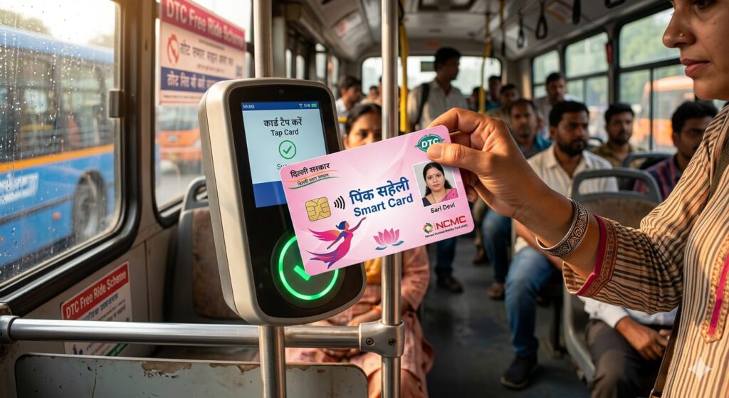 दिल्ली की महिला DTC बस में पिंक सहेली स्मार्ट कार्ड टैप करते हुए