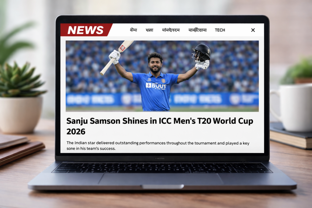 Sanju Samson celebrating with the India national cricket team after winning the ICC Men's T20 World Cup 2026