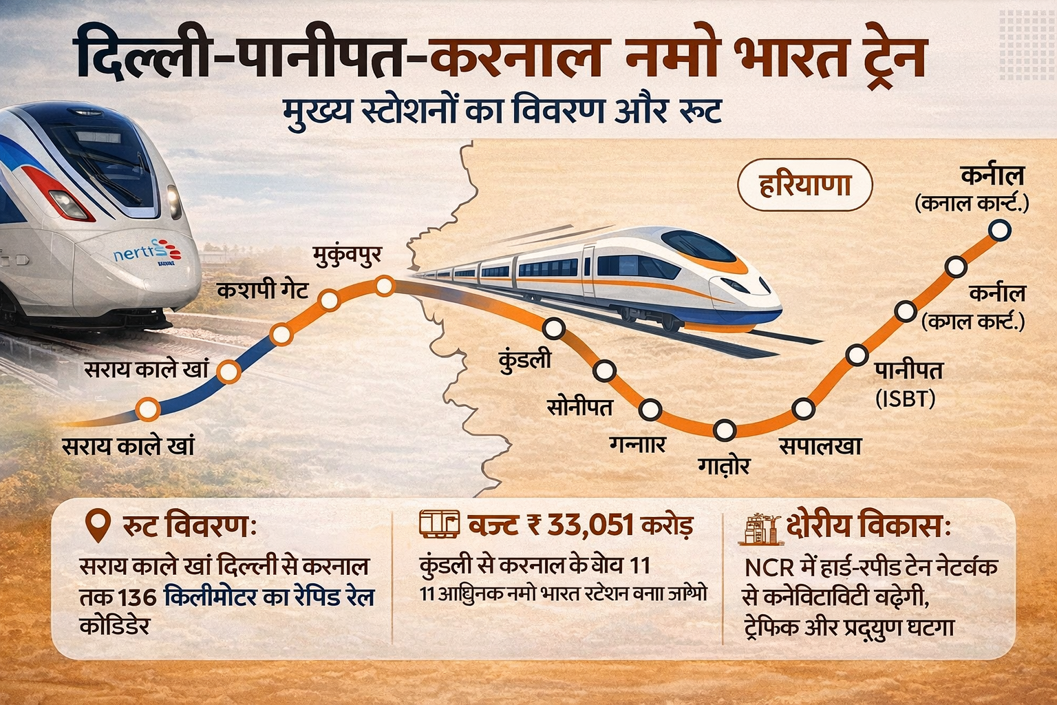 दिल्ली करनाल नमो भारत कॉरिडोर रूट मैप, प्रमुख स्टेशन और 33051 करोड़ प्रोजेक्ट की जानकारी